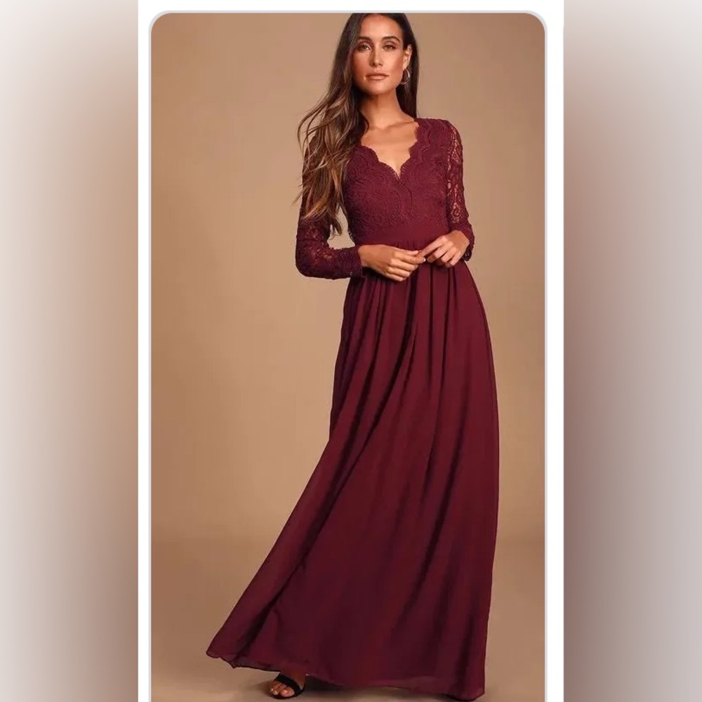 Lulu’s Awaken My Love Burgundy Lace Maxi Dress BNWT